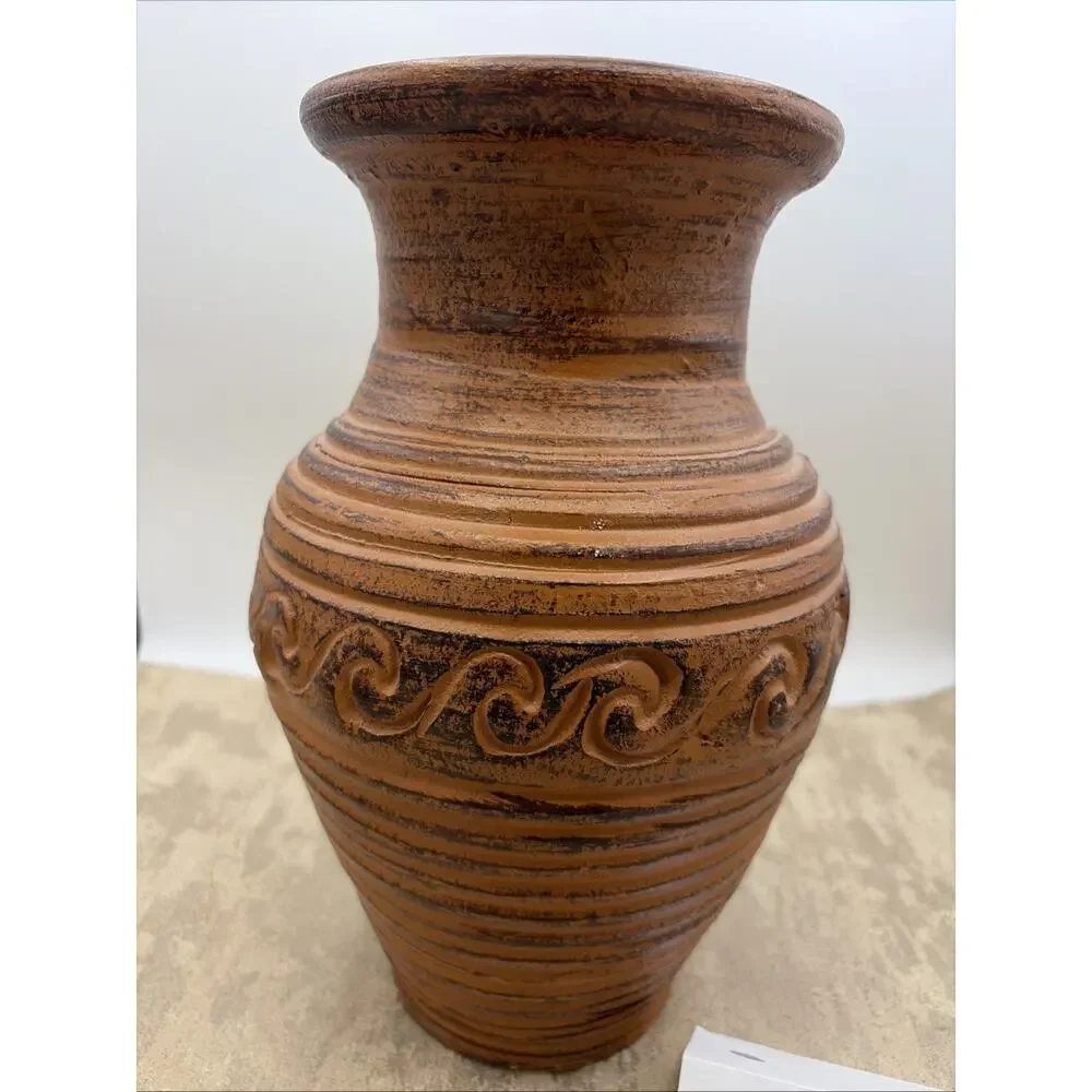 Vintage Hand Thrown Clay Vase With Wave Patterns And Rustic Brown Finish